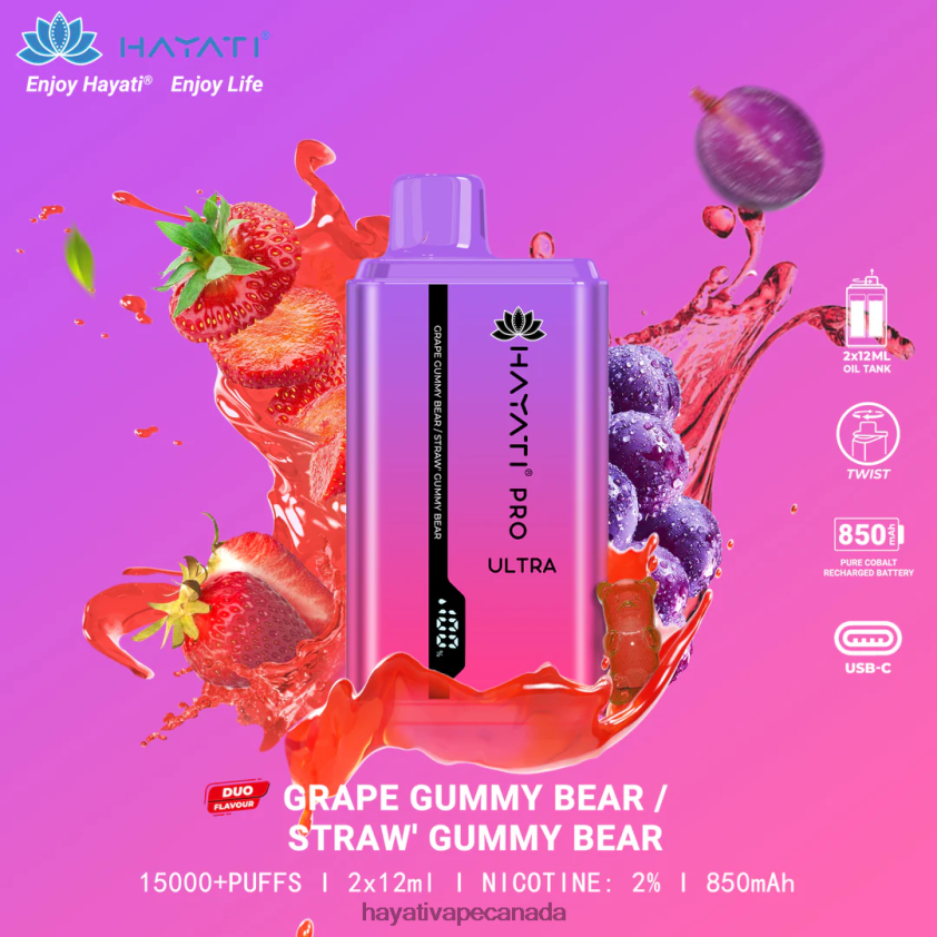 Hayati Ottawa - 2LHDP8221 Hayati Pro Ultra Disposable 15000 Puffs Grape Gummy Bear/Strawberry Gummy Bear