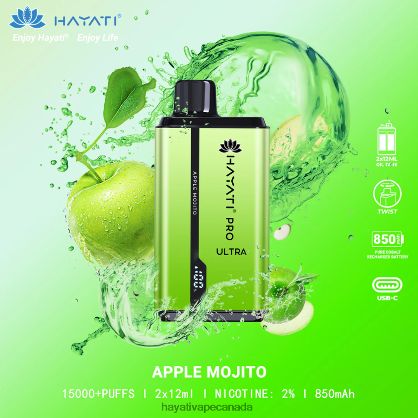 Hayati Vape Canada - 2LHDP8200 Hayati Pro Ultra Disposable 15000 Puffs Apple Mojito
