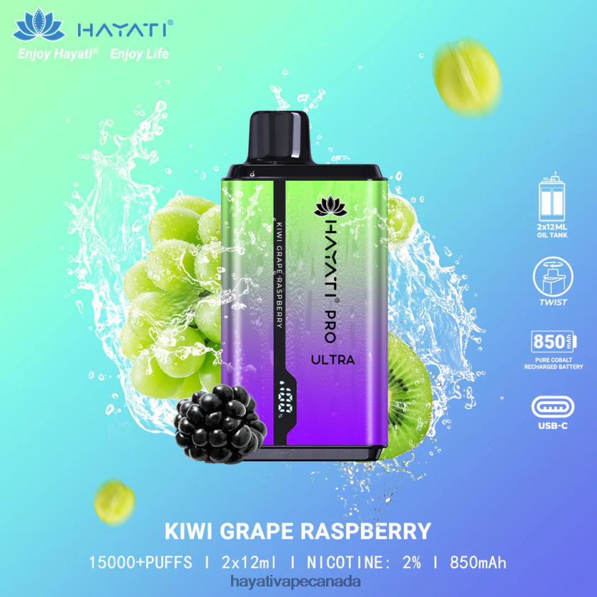 Hayati Vape Canada - 2LHDP8202 Hayati Pro Ultra Disposable 15000 Puffs Kiwi Grape Raspberry