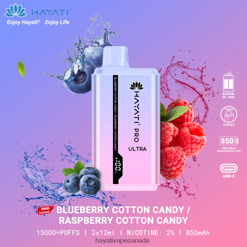 Hayati Vape Canada - 2LHDP8220 Hayati Pro Ultra Disposable 15000 Puffs Blueberry Cotton Candy/Raspberry Cotton Candy