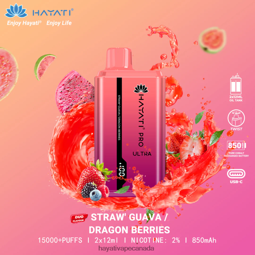 Hayati Vape Flavours - 2LHDP8224 Hayati Pro Ultra Disposable 15000 Puffs Strawberry Guava/Dragon Berries