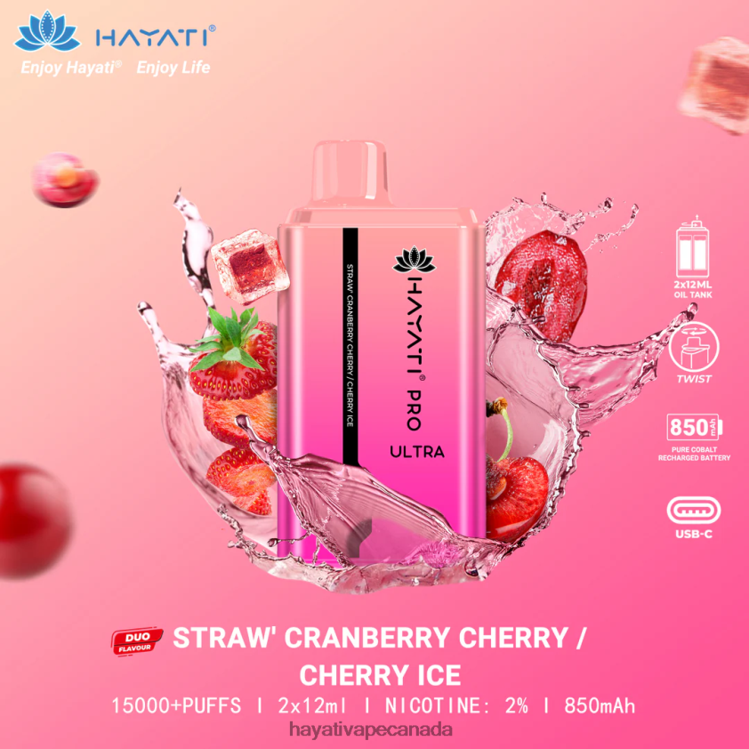 Hayati Vape Liquid - 2LHDP8225 Hayati Pro Ultra Disposable 15000 Puffs Strawberry Cranberry Cherry-Cherry Ice