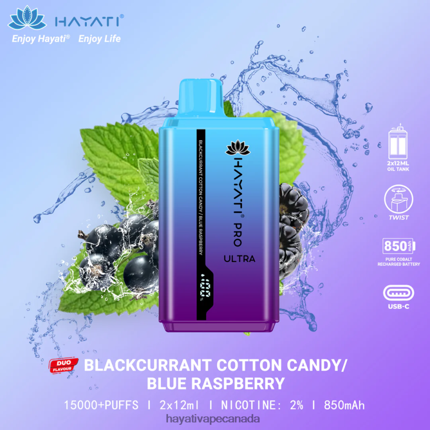 Hayati Vape Review - 2LHDP8216 Hayati Pro Ultra Disposable 15000 Puffs Blackcurrant Cotton Candy/Blue Raspberry