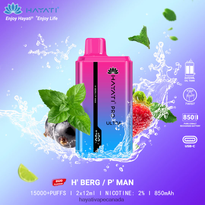 Hayati Vape Shop - 2LHDP8219 Hayati Pro Ultra Disposable 15000 Puffs H' Berg/P' Man