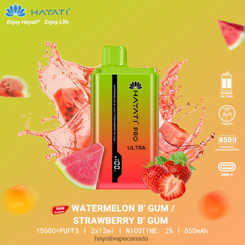 Hayati Vapes Wholesale - 2LHDP8227 Hayati Pro Ultra Disposable 15000 Puffs Watermelon Bubblegum/Strawberry Bubblegum