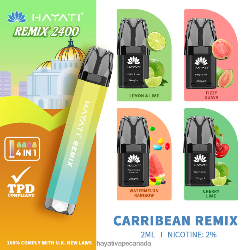 Hayati Vape Canada - 2LHDP852 Hayati Remix Prefilled Pod System 2400 Puffs Carribean Remix
